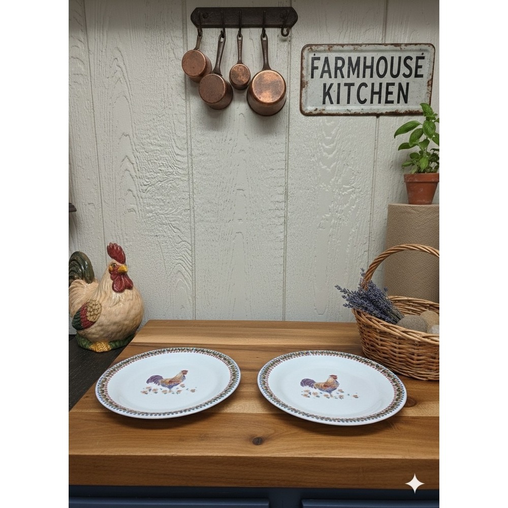 Everyday Gibson Salad Plates  7" Rooster Checkered Rim Set Of 2